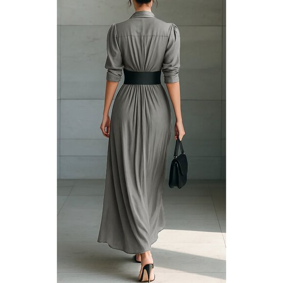 Ladies Lapel Long Sleeve Single Breasted Maxi Dress with Black Belt - Picture 2 of 5